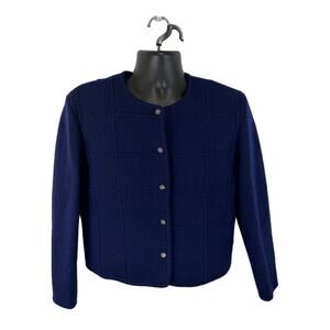 Vintage Deans of Scotland 100% Wool Knit Cardigan Navy Blue Floral Size Small